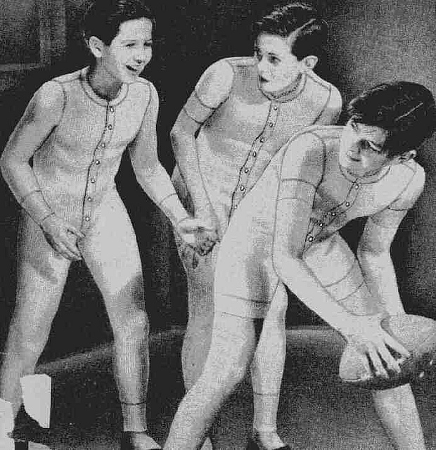Boys wearing union suits in black and white photo